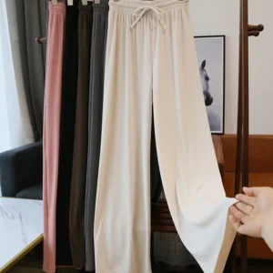 Cool Summer Women's Wide-Leg Ice Silk Pants - Thin, Pleated, Loose, Straight Office Lady Casual Drawstring Long Trousers Sweatpants