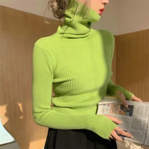 Winter Solid Color Turtleneck Sweater - Korean Version Knitted Pullover for Women, Slimming Interior Lapping, Warm Basic Tops